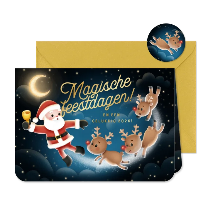 Kerstkaart kerstman rendieren maan 'Magische feestdagen'