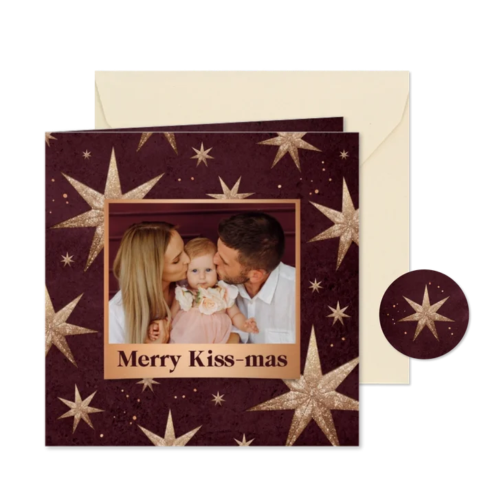 Kerstkaart kerststerren foto kissmas liefde feestdagen rood