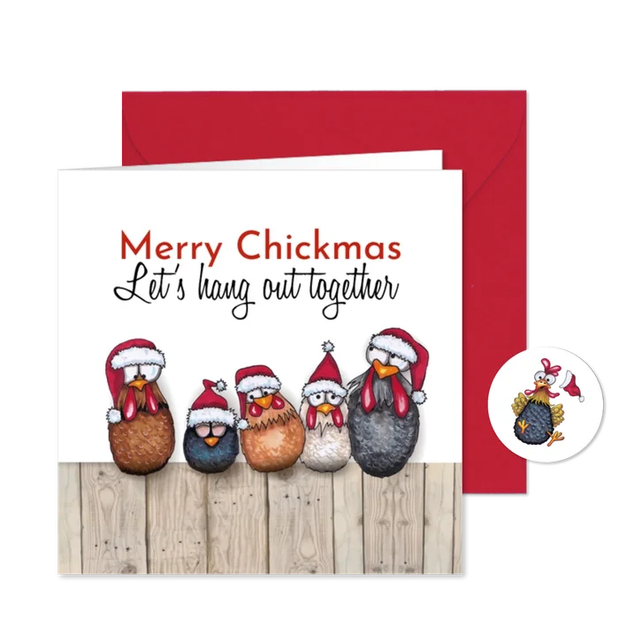 Kerstkaart kippen op stok