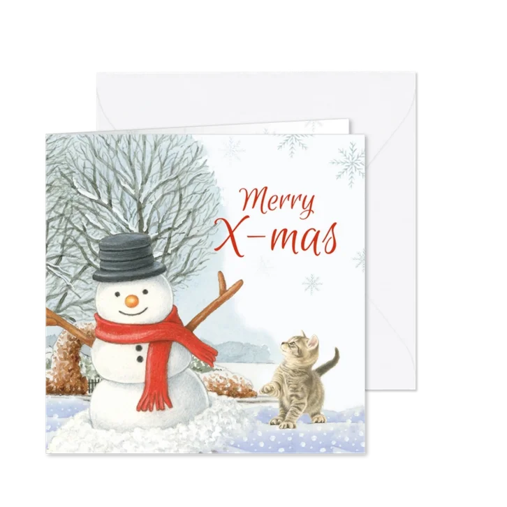 Kerstkaart kitten en sneeuwpop