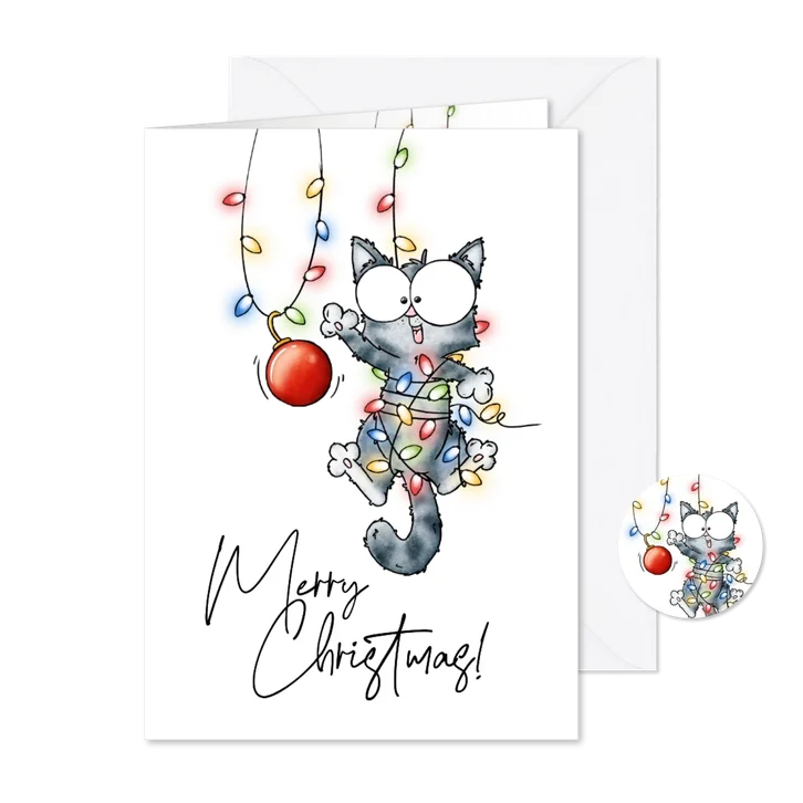 Kerstkaart kitten in kerstlampjes