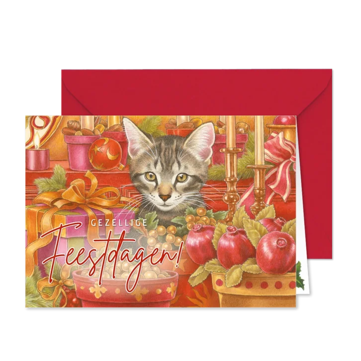 Kerstkaart kitten tussen kerstkadootjes