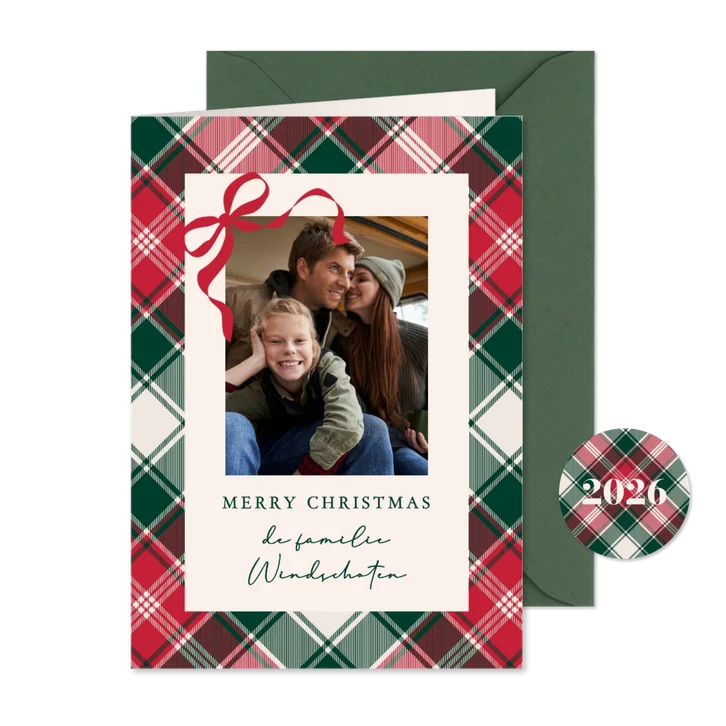 kerstkaart klassiek met strikje en ruit