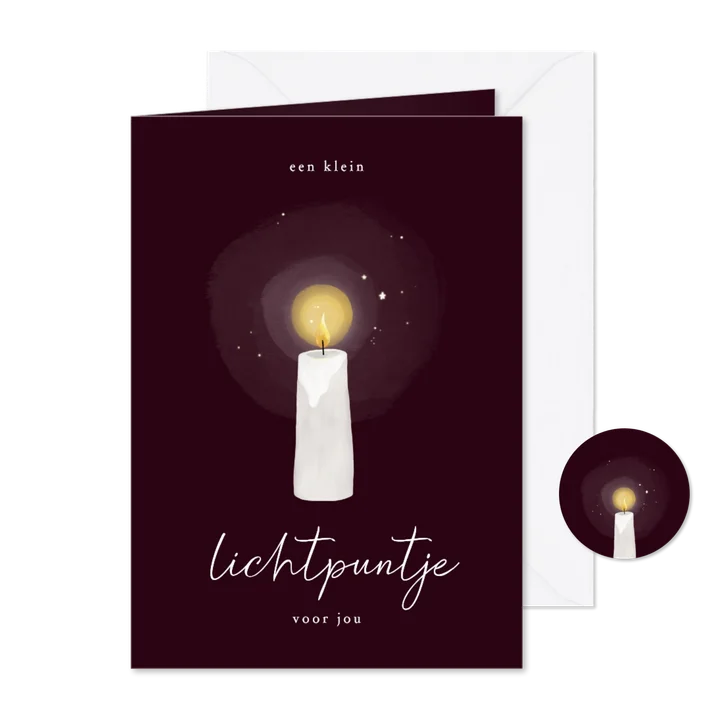 Kerstkaart klein lichtpuntje kaars bordeaux
