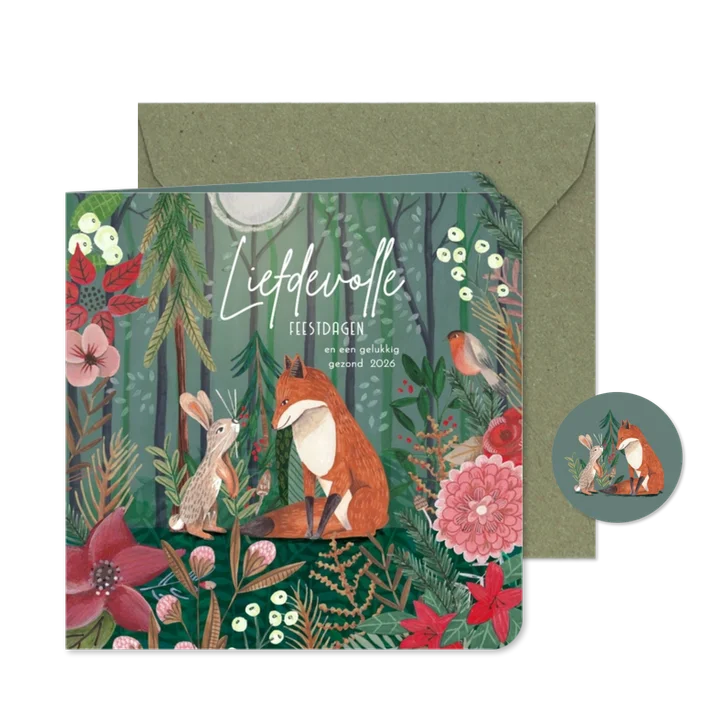 Kerstkaart konijn en vos in het bos