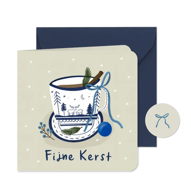 Kerstkaart kopje delfts blauw hertjes strik kerstbal
