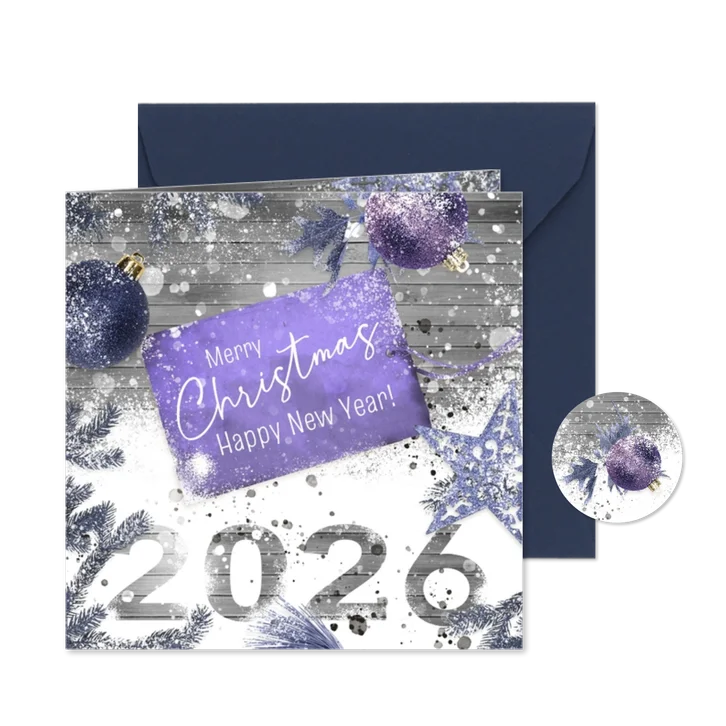 Kerstkaart label 2026 hout en kerstballen