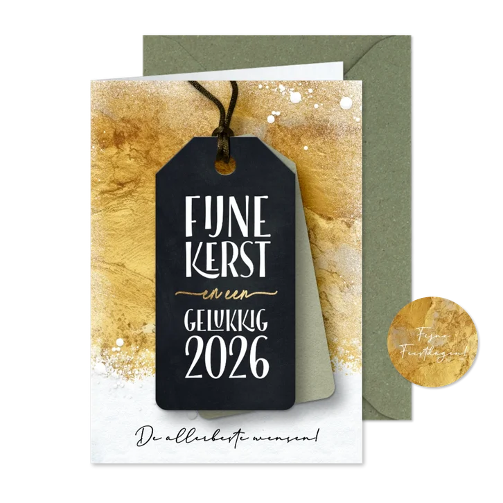 Kerstkaart label 2026 op goud en sneeuw