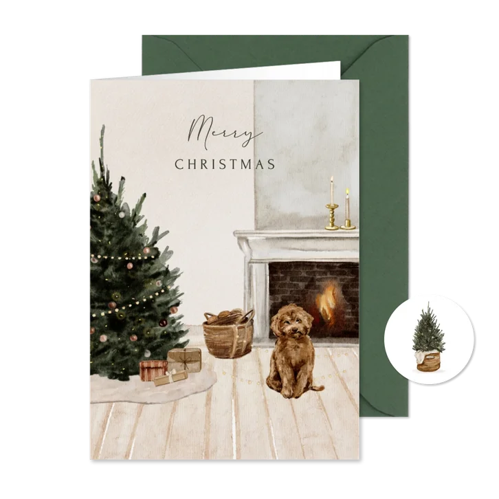 Kerstkaart labradoodle kerstboom haard cadeautjes