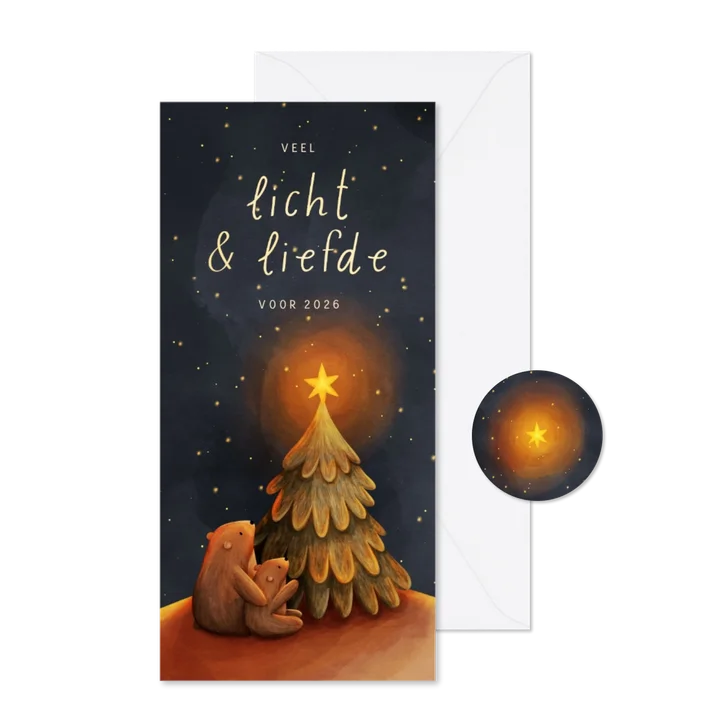 Kerstkaart langwerpig beertjes bij kerstboom met ster
