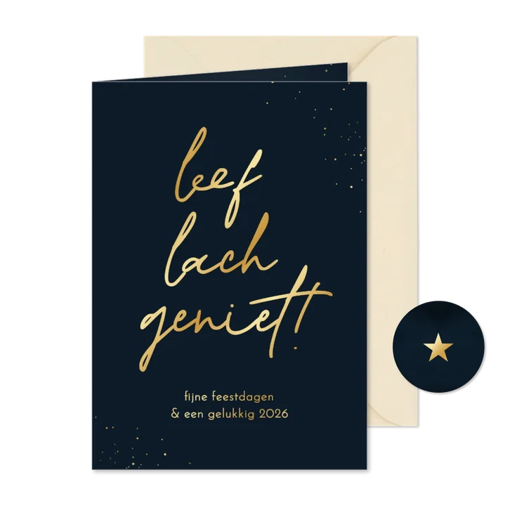 Kerstkaart leef lach geniet donkerblauw goud quote