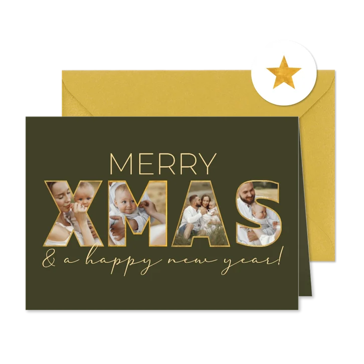 Kerstkaart letters XMAS gouden randje met eigen foto's erin