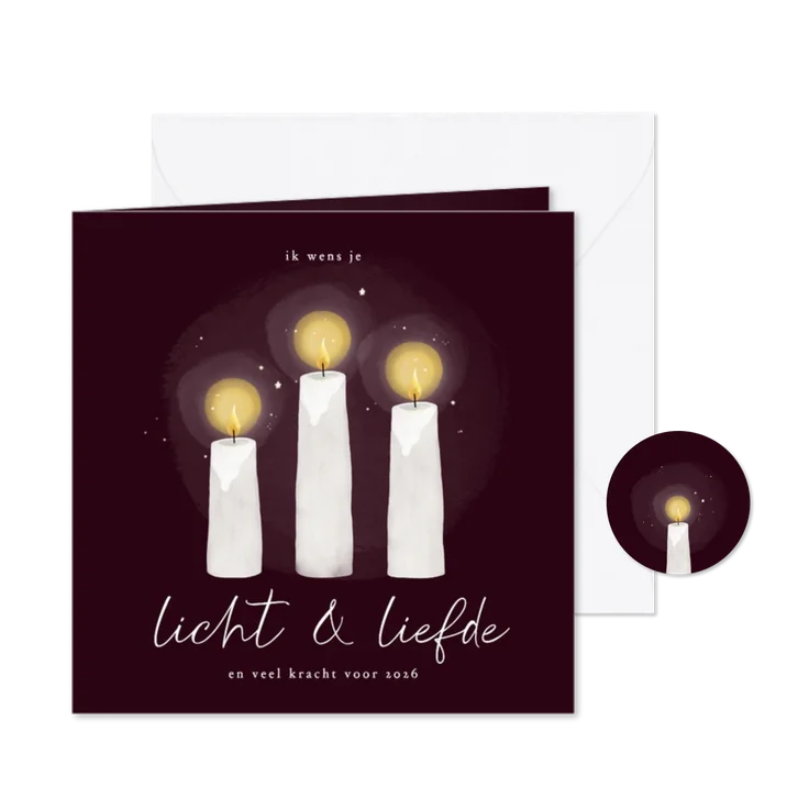 Kerstkaart licht en liefde kaarsjes bordeaux