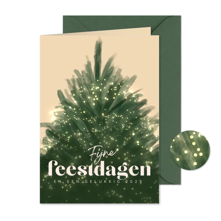 Kerstkaart licht met kerstboom vol met lampjes