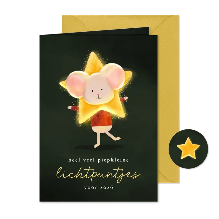 Kerstkaart lichtpuntjes muisje met ster om z'n hoofd 