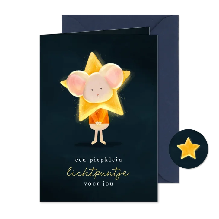 Kerstkaart lief muisje met ster om z'n hoofd lichtpuntje
