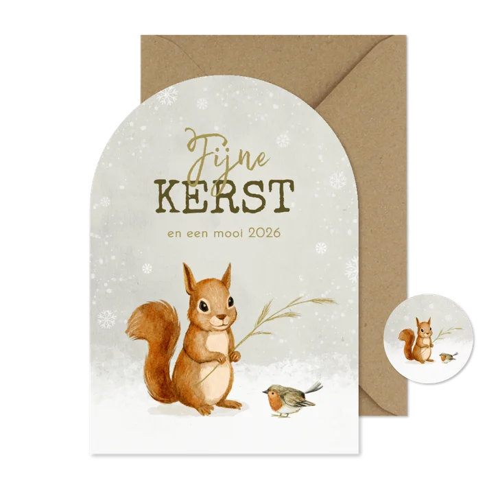 Kerstkaart lief schattig roodborstje eekhoorn sneeuw winter