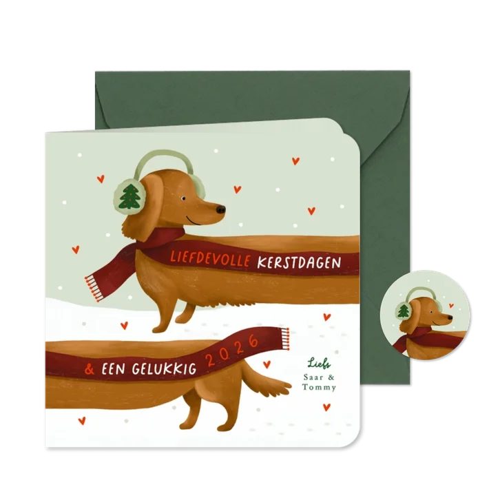 Kerstkaart liefde teckel sjaal sneeuw oorwarmers