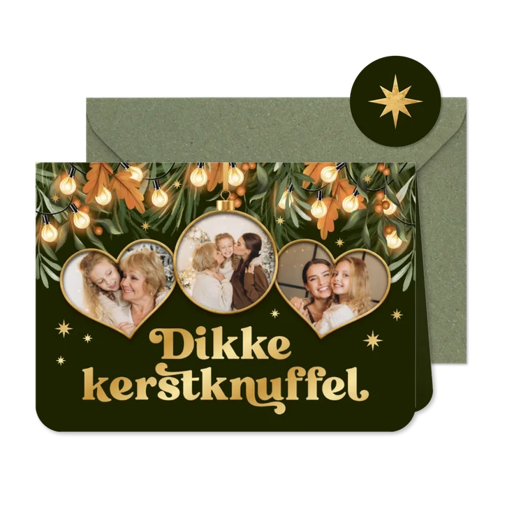 Kerstkaart liefdevol dikke kerstknuffel lampjes kerstbal