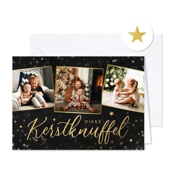 Kerstkaart liefdevol dikke kerstknuffel sterretjes goud foto