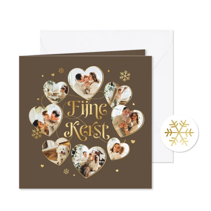 Kerstkaart liefdevol fotokaart hartjes sneeuw hartjes goud