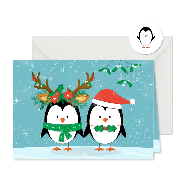 Kerstkaart liefdevol happy pinguïns kerstoutfit sneeuw ijs 