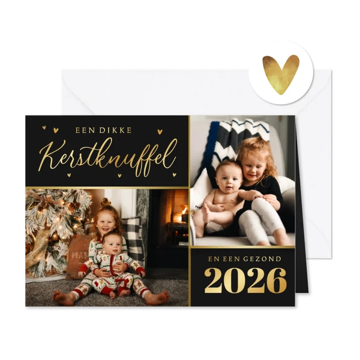 Kerstkaart liefdevol kerstknuffel hartjes foto goud