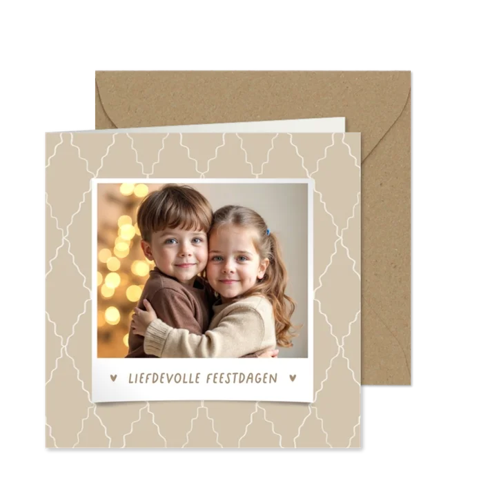 Kerstkaart liefdevolle feestdagen foto ruitjes patroon beige