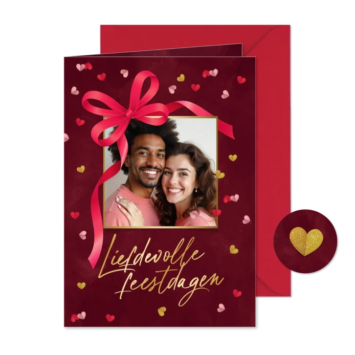 Kerstkaart liefdevolle feestdagen hartjes strik foto goud