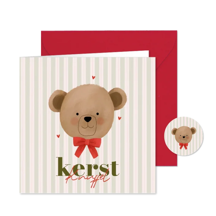 Kerstkaart lieve knuffelbeer met strik kerstknuffel