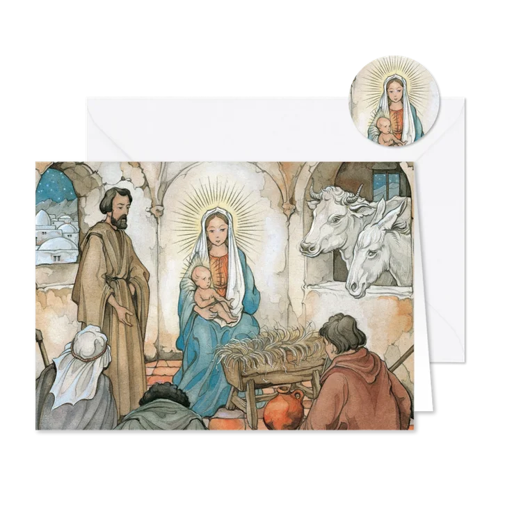 Kerstkaart Maria Jozef en Jezus in kerststal