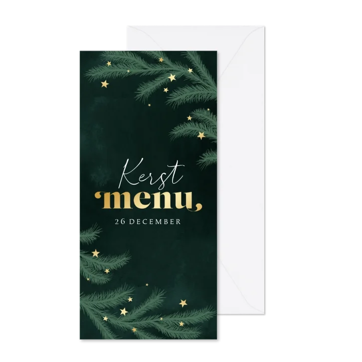 Kerstkaart menu kerstdiner dennentakken groen goud sterren