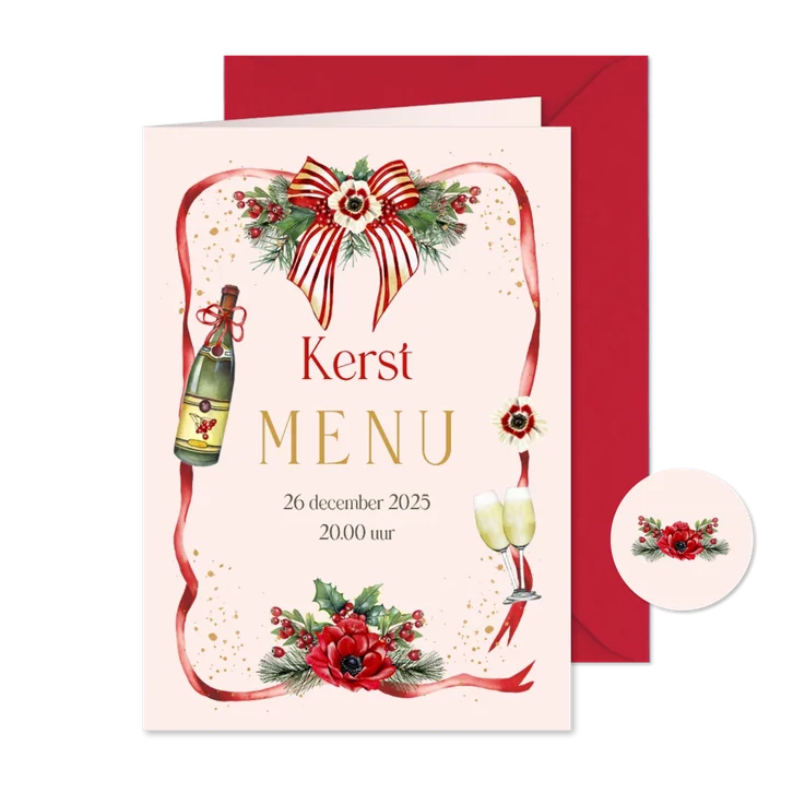 Kerstkaart menu met strik en kersttakken