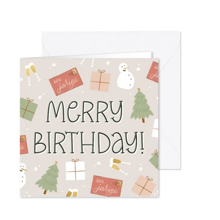 Kerstkaart Merry Birthday met illustraties