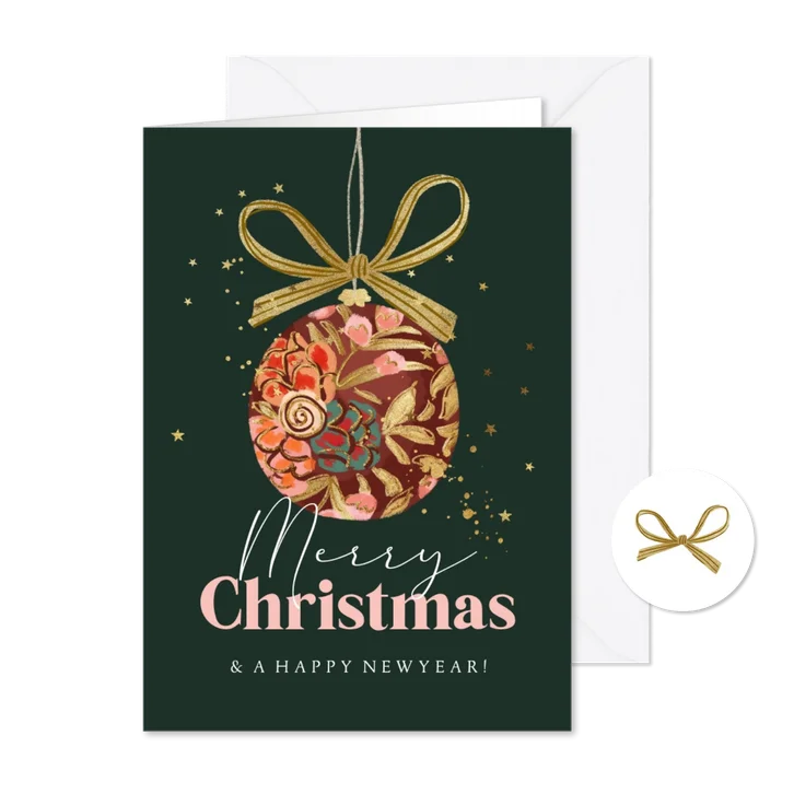 Kerstkaart Merry Christmas kerstbal goud sterren strik