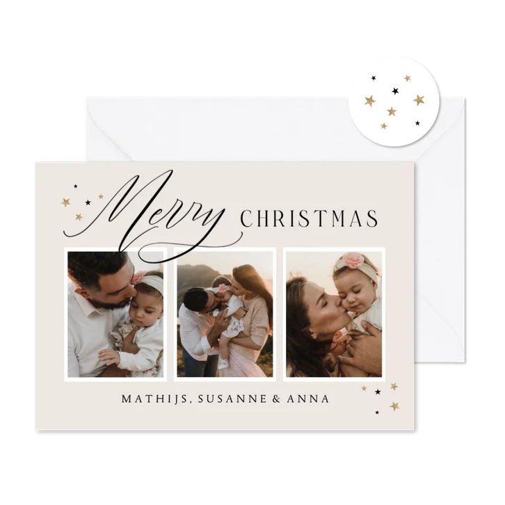 Kerstkaart merry christmas stijlvol zandkleur