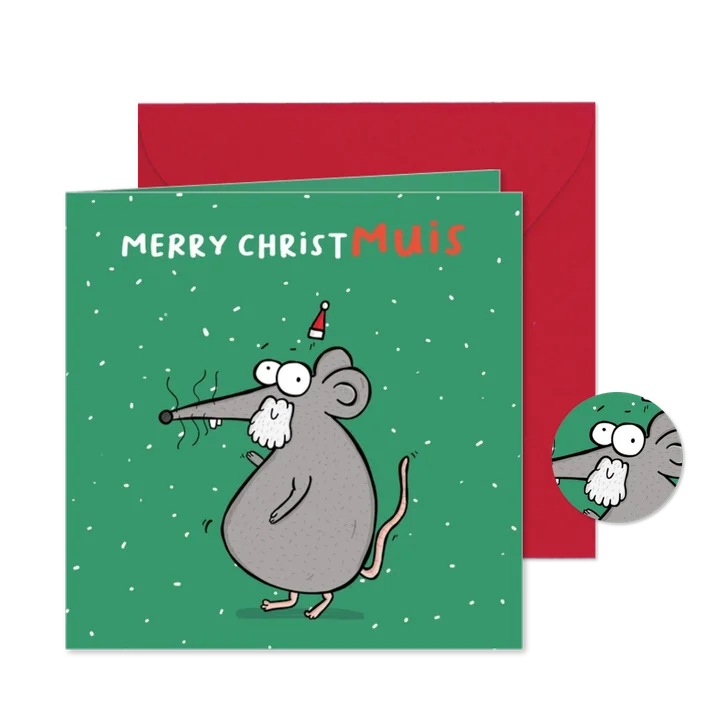 Kerstkaart Merry Christmuis met muts