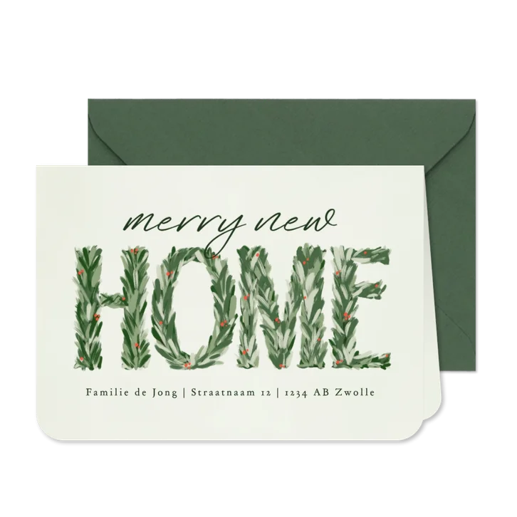 Kerstkaart merry new home dennentakjes besjes