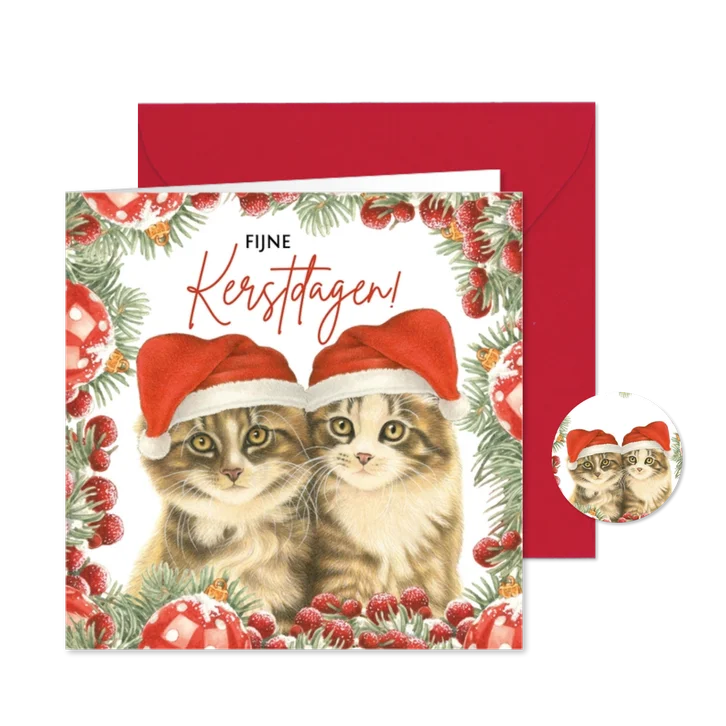 Kerstkaart met 2 vrolijke kerstkittens met kersttakjes