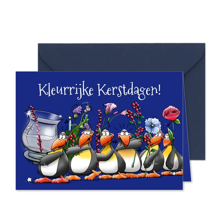 Kerstkaart met 6 pinguïns met een glazen vaas bloemen