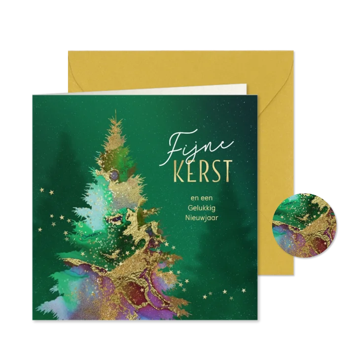 Kerstkaart met abstracte kerstboom in goud en groen