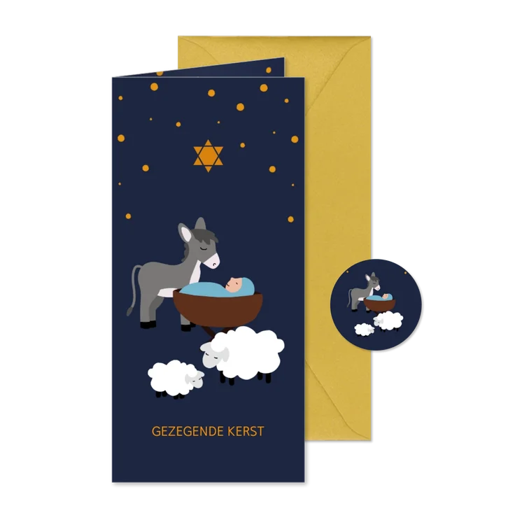 Kerstkaart met baby Jezus in stal