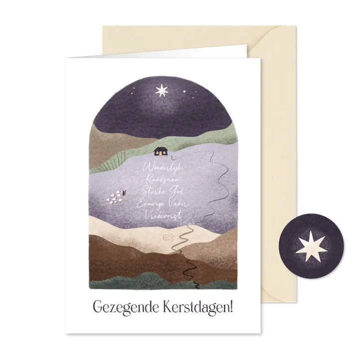 Kerstkaart met bijbeltekst en landschap met herder en stal