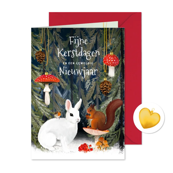 Kerstkaart met bosdieren en kersthangers