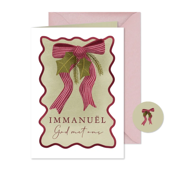 Kerstkaart met christelijke tekst en kerstgroen en strik