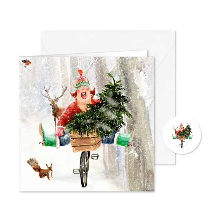 Kerstkaart Met de boom op de fiets