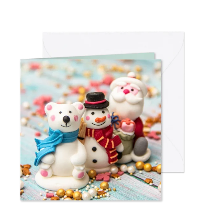 Kerstkaart met de kerstman, een beer en een sneeuwpop