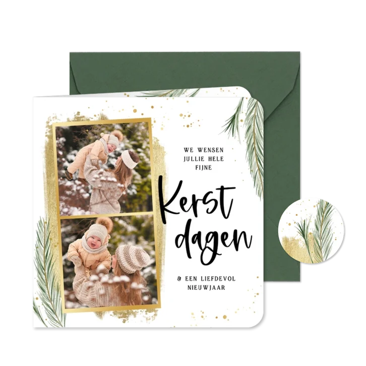 Kerstkaart met dennetakjes spetters en goudlook foto strips