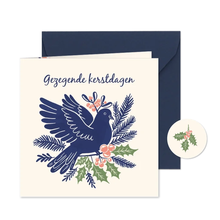 Kerstkaart met duif en dennentakken hulst en maretak