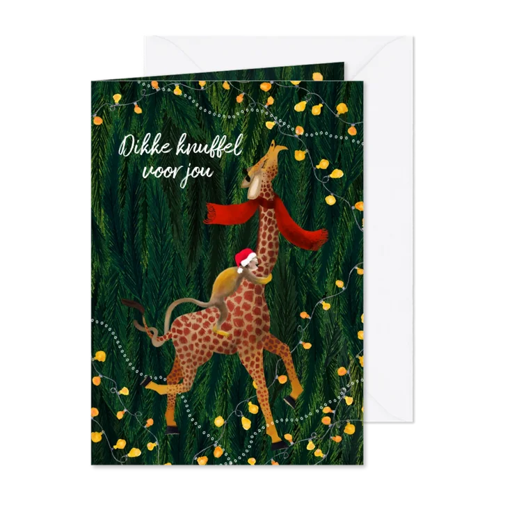 Kerstkaart met een aapje en een giraffe